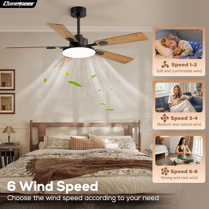 Conciseer 52 Inch Ceiling Fans with Lights and Remote for Bedroom Living Room Kitchen Office, Indoor/Outdoor Use, 6CCT Dimmable, 5 Blades 6 Speed Reversible Quiet DC Motor, Brown/Wood Grain