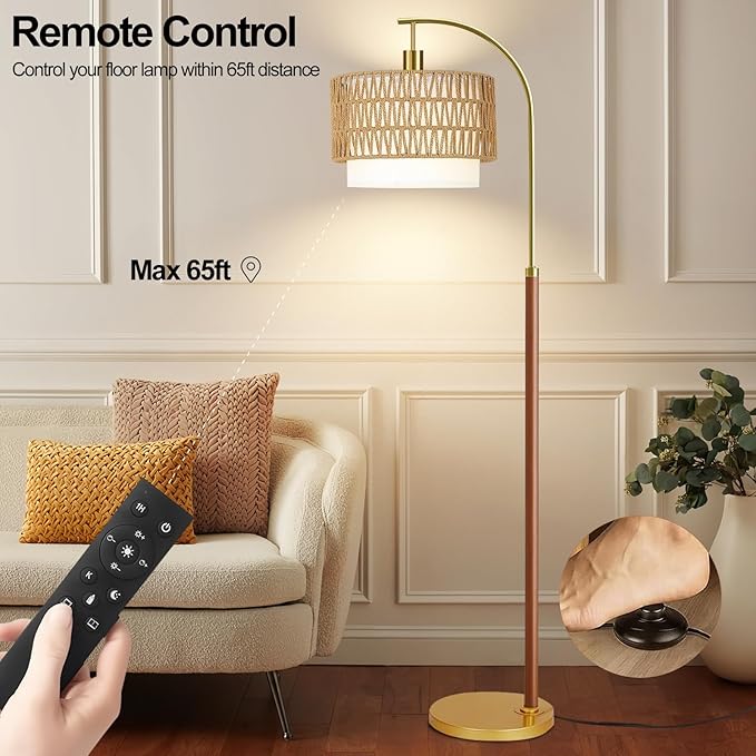 ZECOXOL Boho Floor Lamps for Living Room Wood Floor Lamp with Remote Control,Dimmable Rattan Floor Lamps Farmhouse Gold Standing Lamp with 3 Color Temperature Tall Arc Floor Lamp for Bedroom Corner