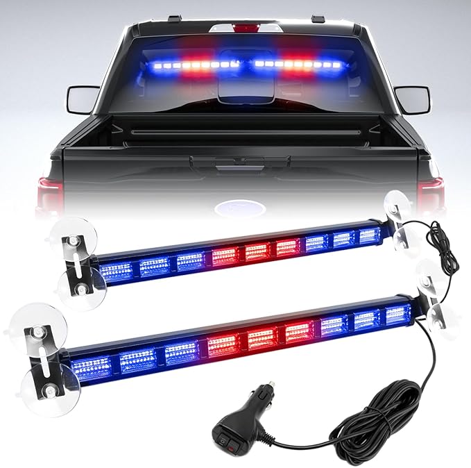 BooYu [Upgraded] Red/Blue Police Firefighter Emergency Strobe Traffic Advisor Light Bar Switchable 4 Colors 162 LED Windshield 2 in 1 Visor Safety Warning Hazard Flashing Lights for Truck Vehicle