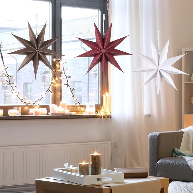 SUNBEAUTY 3 Pcs 9-Pointed Brown Burgundy White Paper Star Lanterns 12 Inch Christmas Hanging Lamp Rustic Paper Decorations Shade Wedding Birthday Christmas Home Party Decorations