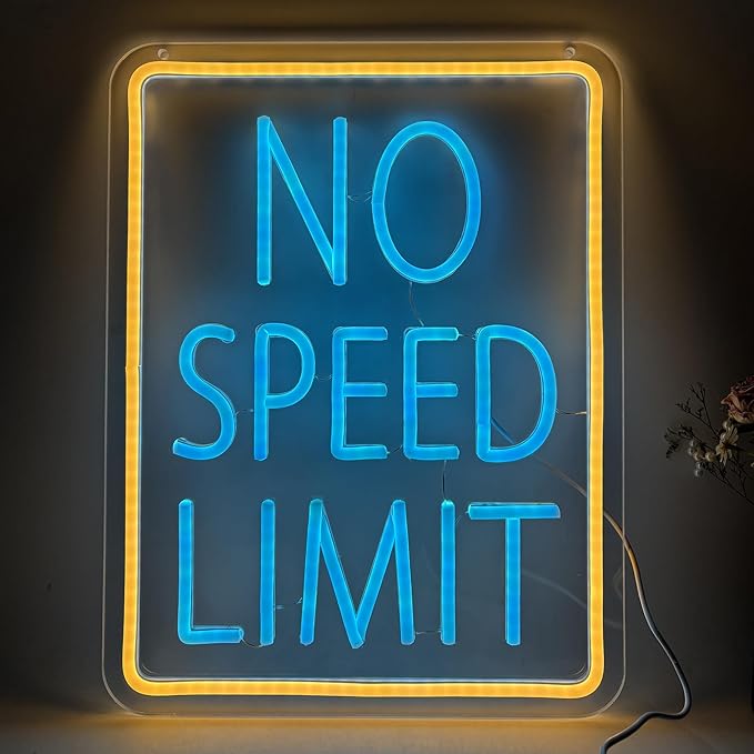 No Speed Limited LED Neon Sign, Cool Garage Sign, Race Cars Themed Bedroom Decor USB Powered Neon Light for Man Cave, Game Room, Teen Boy Decor Bar & Auto Lovers Holiday Birthday Gift