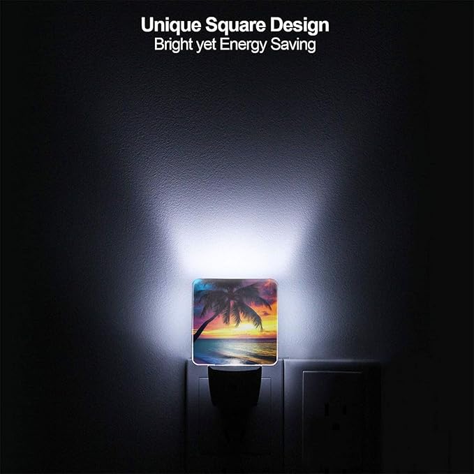 Sunset Beach Night Light Set of 2, Coconut Tree Auto Sensor LED Dusk-to-Dawn Nightlights, Plug-in Sensor Lamp for Bedroom Bathroom Kitchen Hallway Stairs Decorative