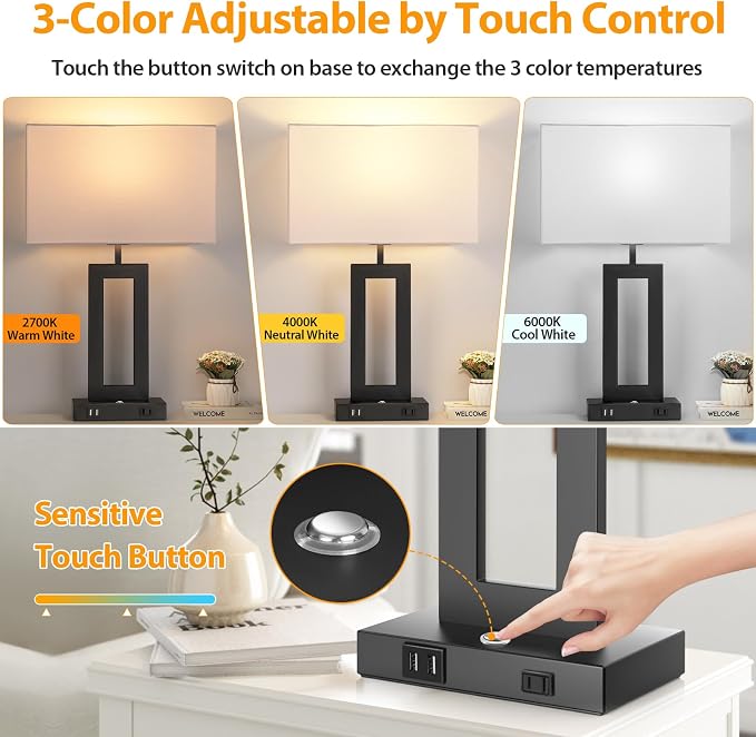 27.2’’ Tall Black Table Lamps for Living Room Bedroom, Bedside Touch Control Lamps with 2 USB Ports&AC Outlet, 3 Color Temp.&Stepless Dimming Desk Lamp Sets for Home Office, Pre-assembled White Shade