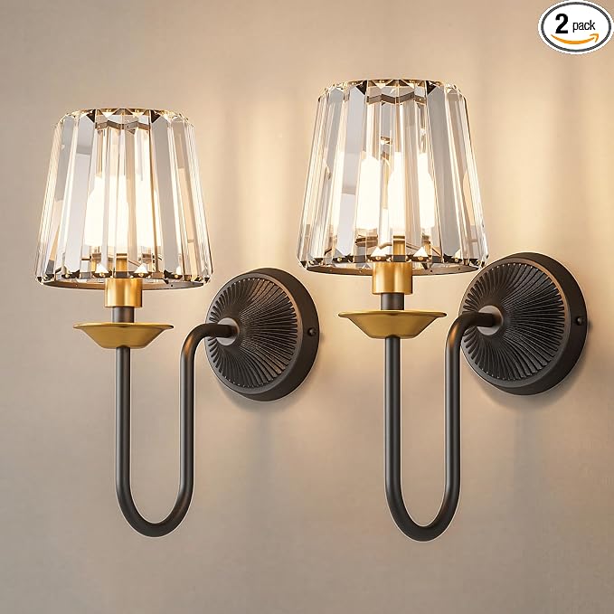 Black and Gold Battery Operated Wall Sconces Set of Two, Crystal Wireless Rechargeable Wall Lights with Remote, Dimmable 3 CCT and 12 RGB Cordless Wall Lamps for Bedroom Living Room Decor