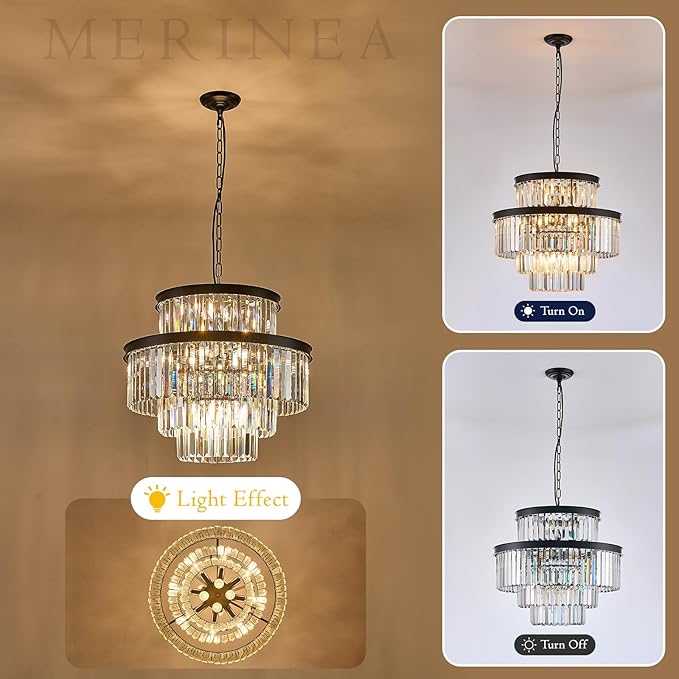 15 Lights Black Crystal Chandeliers 22" 4-Tier Luxury K9 Crystal Lighting Modern Round Ceiling Pendant Light Fixture for Living Room Dining Room Bedroom Kitchen Foyer