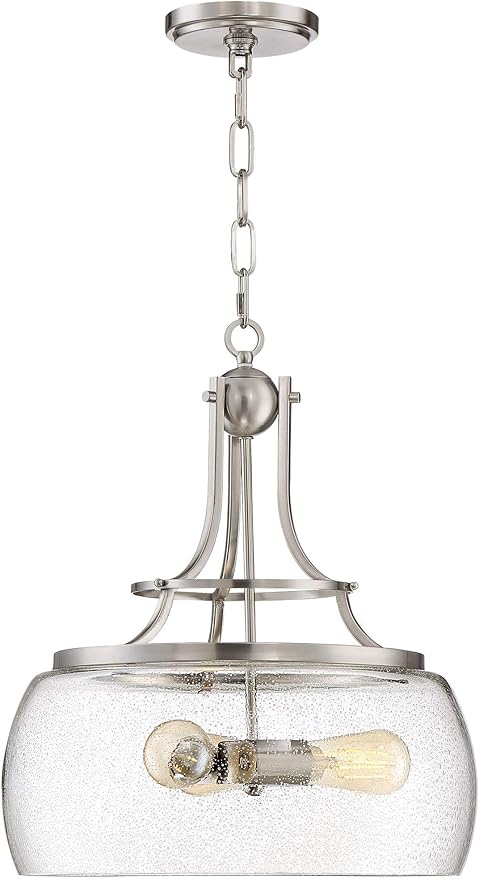 Charleston 16" Wide Satin Nickel 3-Light LED Pendant Light Light Fixture | Chandelier Rustic Farmhouse Seeded Clear Glass for Dining Room House Foyer Entryway Kitchen Bedroom Living
