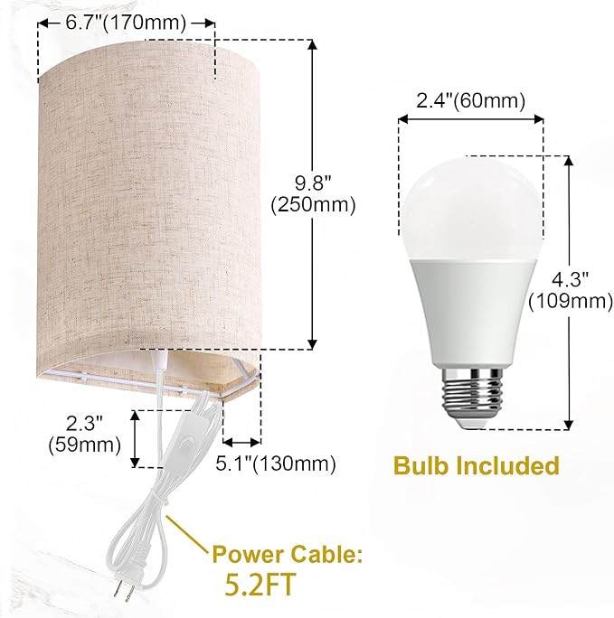 AVV Wall Sconces Set of Two, Wall Lamp Plug in with On/Off Switch, 2700K 4000K 5000K Selectable, Wall Lights for Bedroom, Living Room, Wall Decor for Bedroom, Fabric Linen Lamp Shades