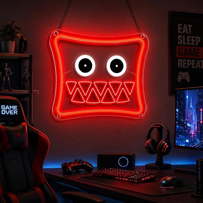 Red Square Monster Face Neon Sign, USB Powered, Cool Gaming Wall Decor for Bedroom, Game Room, Party, Man Cave, Kids Room, Aesthetic Wall Art Neon Sign for Boys Teens