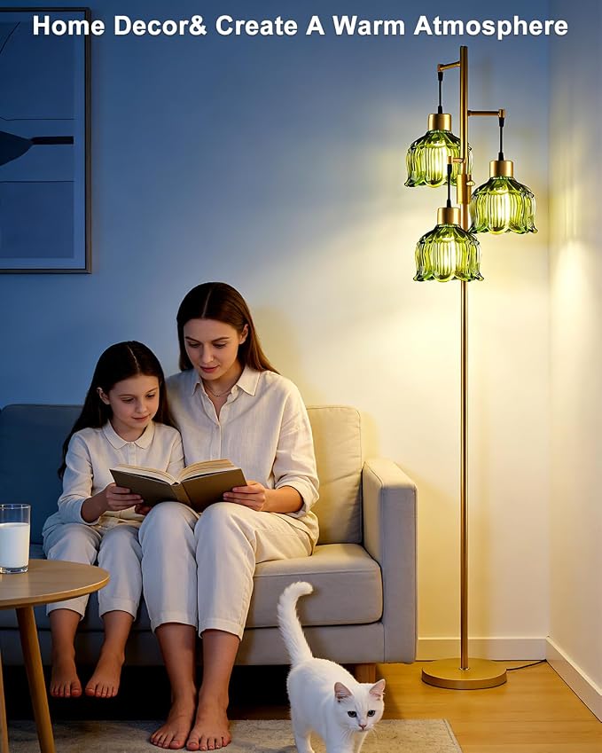 Lightdot 3-Light Floral Floor Lamp 65'' Dimmable Floor Flower Lamp with Green Glass Shade& Bulbs Included, Mid Century Standing Tall Lamp with 5Lbs Heavy Base for Living Room/Bedroom/Sofa Beside-Gold