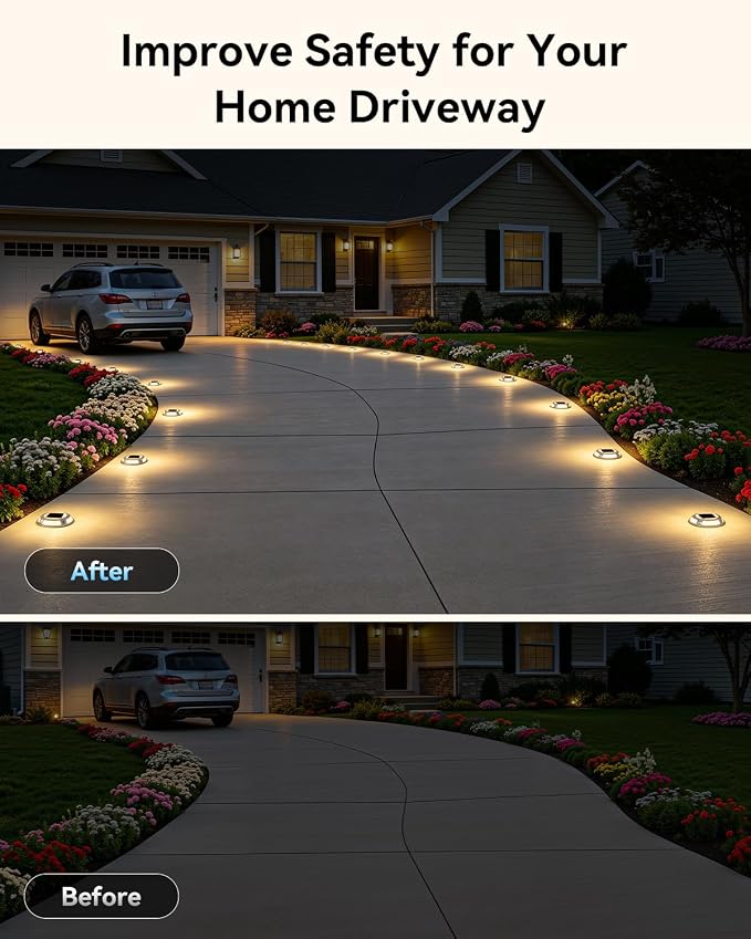 Solar Driveway Lights, 2 Pack Heavy Duty Driveway Lights Solar Powered 2 Color Mode (Cool/Warm White) IP68 Waterproof Outdoor Solar Deck Lights with Ground Stake for Pathway Garden Yard Walkway Dock