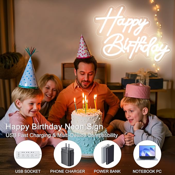 Happy Birthday Neon Sign for Wall Decor, USB Powered LED Neon Sign with Dimmable Brightness, Ideal for All Ages Birthday Parties and Celebrations, With 2 Pcs Birthday Cards (17×12 Inch)