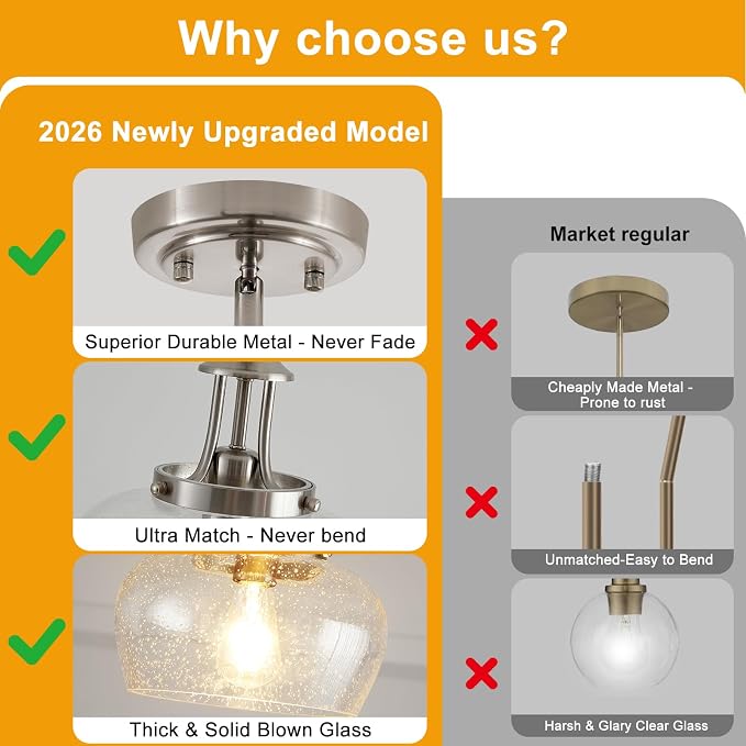 Modern Pendant Lights Kitchen Island, Brushed Nickel Pendant Light Fixtures with 10" Clear Air Bubble Glass Shade, Industrial Hanging Pendant Lights Fixture for Kitchen Island Dining Room Entryway