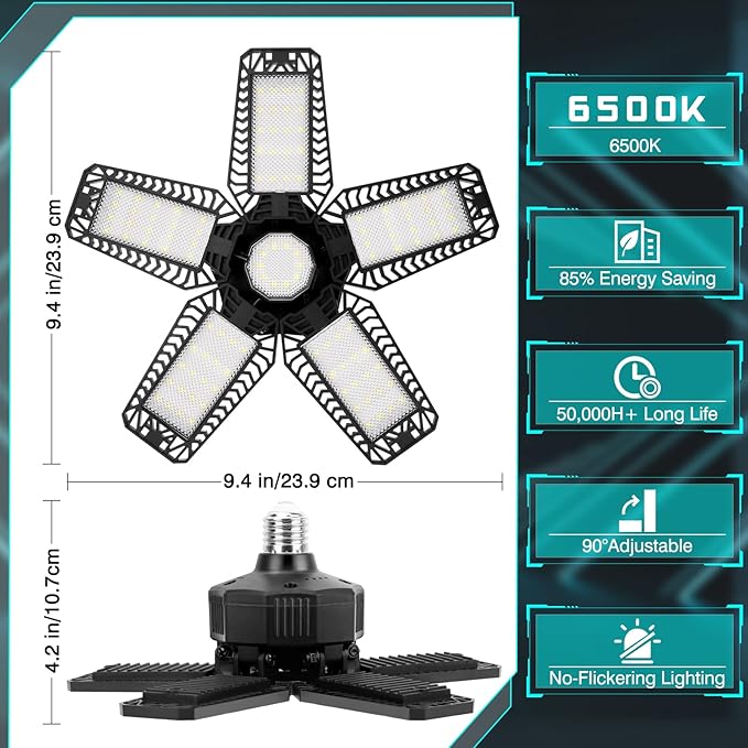 LED Garage Light - 160W 16000LM 6500K LED Garage Ceiling Lights, Screw in Shop Lighting 5+1 Deformable Panels for Attic, Basement, Workshop, E26/E27 (4)