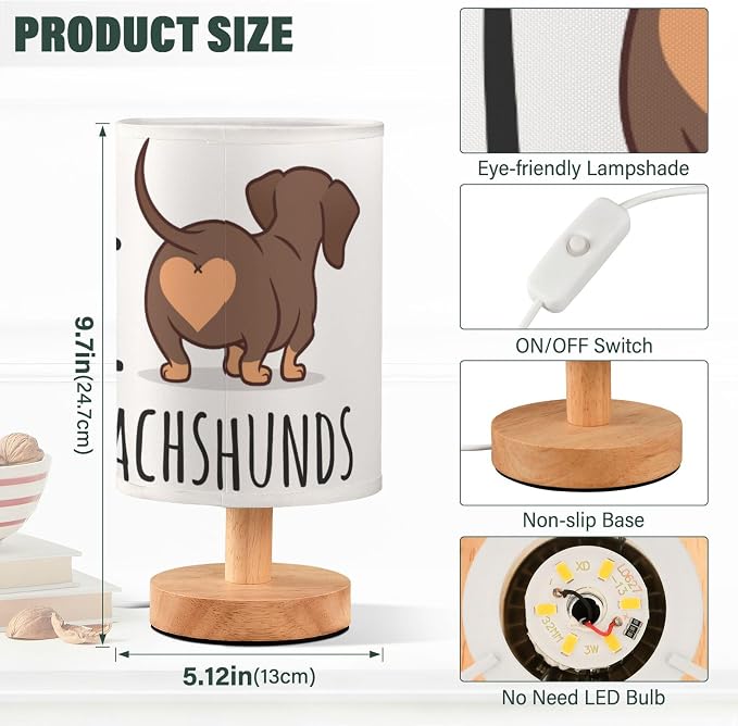 Table Lamp Cute Dachshund Dog I Love Dachshunds Heart Butt Nightstand Lamp with Wood Base Fabric Lamp Shade Bedside Desk Lamp for Living Room Bedroom Kids Room Office