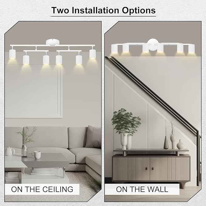 6 Light Track Lighting Fixtures Ceiling, Matte White Kichen Track Lighting Fixtures with Rotatable Light Heads, Upgrade Light Poles, Modern LED Spot Lights for Kitchen/Hallway, No GU10 Bulb