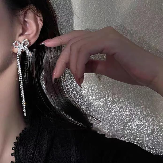 Luxval Rhinestone Earrings Dangling for Women Sparkly Silver Dangle Earrings Girls Long Chandelier Earrings Tassel Lightweight Ear Studs Cubic Zirconia Crystal Statement