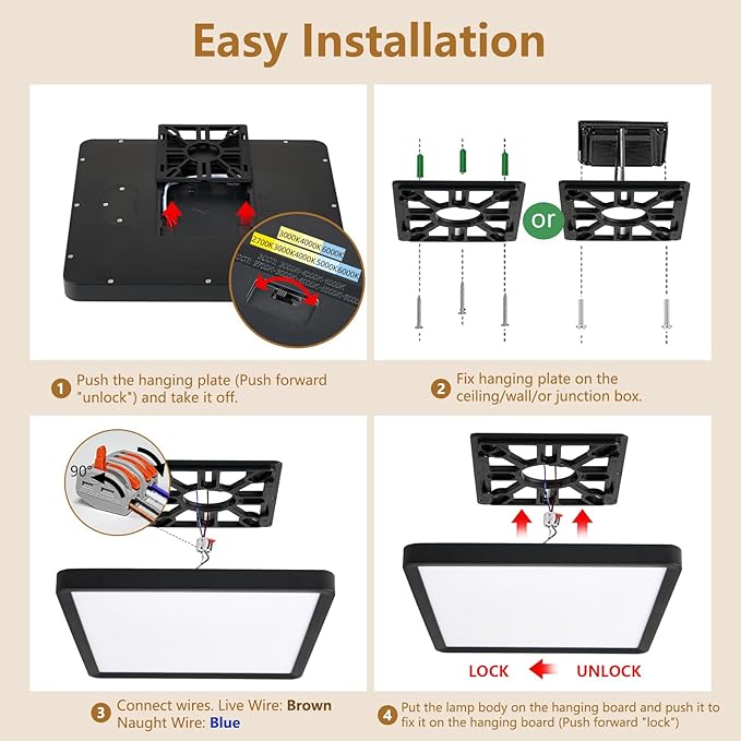 12 Inch 6PK Square LED Flush Mount Ceiling Light, 30W, 3000LM 3000K/4000K/6000K CCT Selectable, Square LED Flat Panel Ceiling Light Fixture for Bedroom,Kitchen,Living Room (Black)