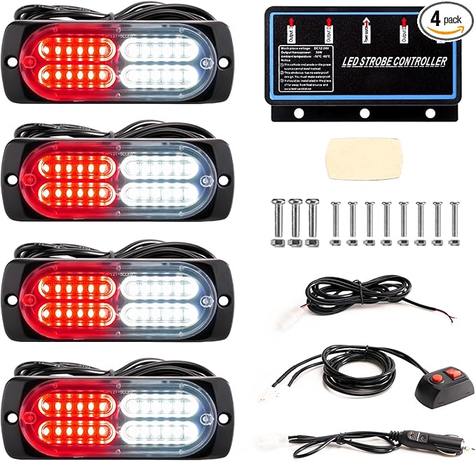 BooYu 4-pcs Sync Feature LED Emergency Strobe Lights Ultra Slim Grille Surface Mount Flashing Warning Hazard Light Bar w/Controller for Construction, Firefighter, Trucks, Vehicles, Car (Red/White)