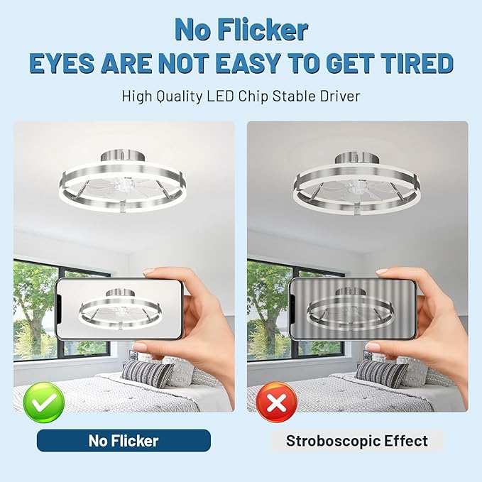 Flush Mount Ceiling Fan with Lights ,19.7'' 3000-6000K 6Speed Dimmable Modern Enclosed Led Ceiling Fan , Reversible DC Motor Bladless Low Profile Ceiling Fans for Bedroom, Kitchen,Home, Office