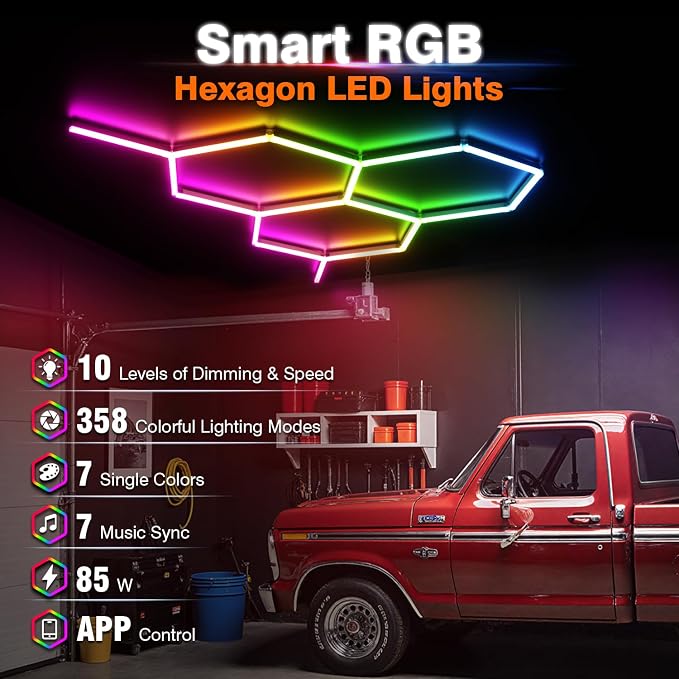 RGB Hexagon Lights 3 Grids, Hexagon Garage Lights with Music Sync Mode, App & Remote Control Honeycomb Lights for Gym Studio Basement Shop Exhibition