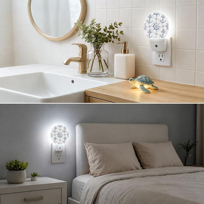 LED Night Light Ship Anchor Night Lights Plug into Wall Auto on/off | Compass Nautical Vintage Plug-in Night Light with Dusk to Dawn Sensor, Energy Saving Nightlight for Hallway Kitchen