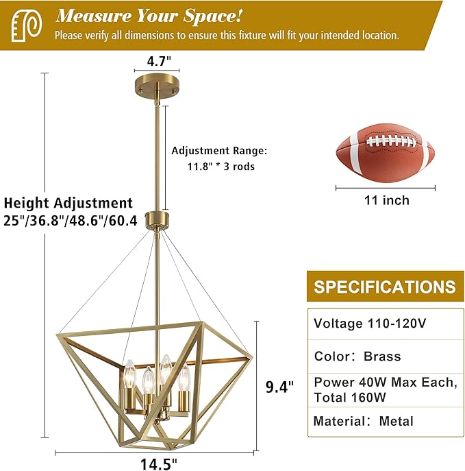 LASENCHOO 14.5" Brass Chandelier for Foyer Lighting Fixtures, 4 Lights Brushed Gold Modern Farmhouse Chandelier Lantern Geometric Pendant Light for Kitchen Island Entryway Dining Room Light Fixture
