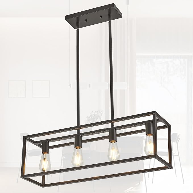 Farmhouse Rectangle Chandeliers for Dining Rooms, Modern Linear Hanging Light Fixture Matte Oil-Rubbed Bronze 4-Light Industrial Pendant Lighting for Kitchen Island