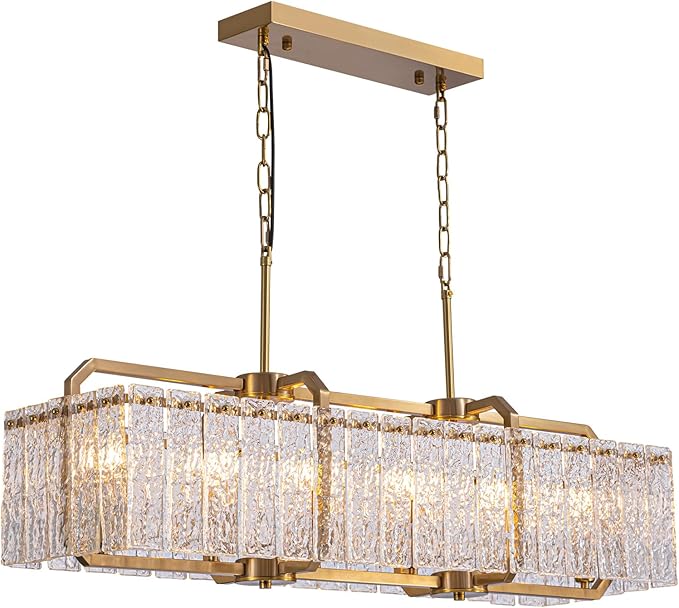 CROSSIO Gold Crystal Rectangle Chandelier, 40inch Large Rectangular Water Ripple Glass Island Light Fixture, Elegant Linear Lighting for Kitchen Island, Living Room