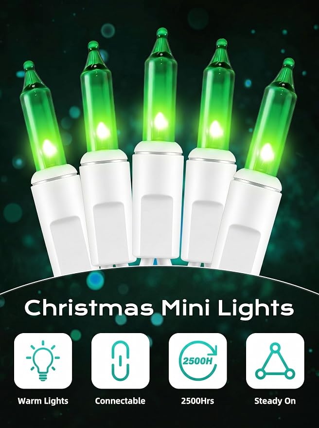 Brightown Green Christmas String Lights, 100-Count 20ft Incandescent Bulb Mini Lights for St. Patrick's Day Decor, Christmas Tree Garland Wedding Party Multi-Use Festival Decoration, White Wire