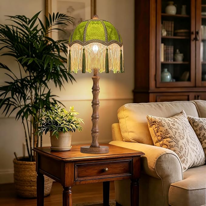 ILLMTW Vintage Table Lamp for Bedroom Living Room,Fringe Bedside Lamps Dimmable Boho Bedroom Lamp with Flower Green Lamp Shade,Mid Century Retro Tassel Unique Wood Small Nightstand Lamp Tiffany Decor
