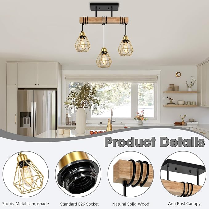 3-Lights Dining Room Light Fixture Over Table, Wood Kitchen Island Lighting Hanging, Farmhouse Chandelier for Dining Room, Black Pendant Light Fixtures with Gold Metal Cage for Bar Restaurant
