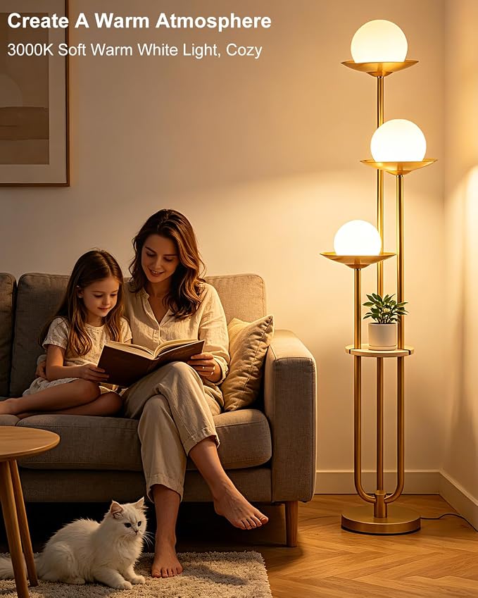 Lightdot Globe Floor Lamp with Table 3-Lights Modern Dimmable Floor Lamps for Wedding/Party, 3000K Warm White Bulbs Included, Gold Tall Standing Lamp for Living Room/Bedroom/Sofa Beside/Corner Decor
