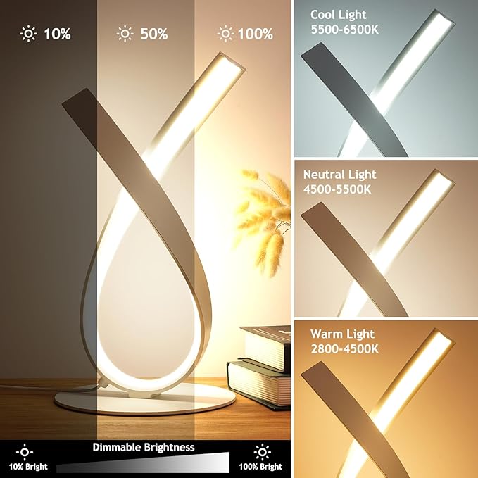 NUÜR Modern Table Lamp, Stepless Dimmable LED Spiral Lamp for Living Room, Contemporary Nightstand Lamp, White Bedside Table Lamp for Bedroom, Home, Office