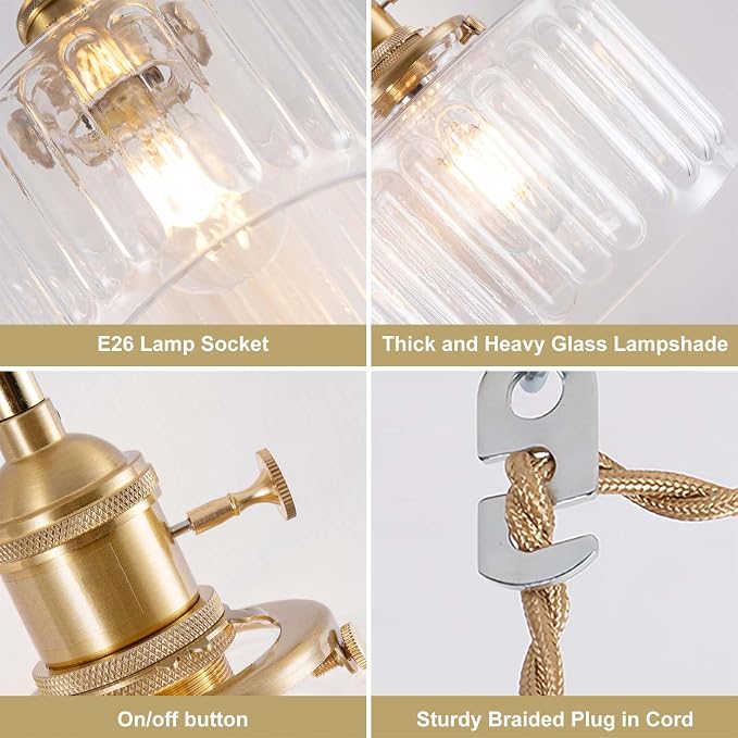 Pendant Light Fixtures,Plug in Hanging Light Fixture 6.6in Glass Pendant Light,E26 Pendant Lighting for Kitchen Island, Bedroom, Dining Room, Living Room