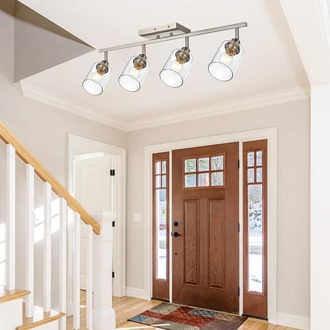 4-Light Brushed Nickel Bathroom Vanity Lighting, Modern Track Lighting Fixtures Ceiling Flush Mount Ceiling Light with Clear Glass Shade Flexibly Rotatable Light Head Kitchen Track Light