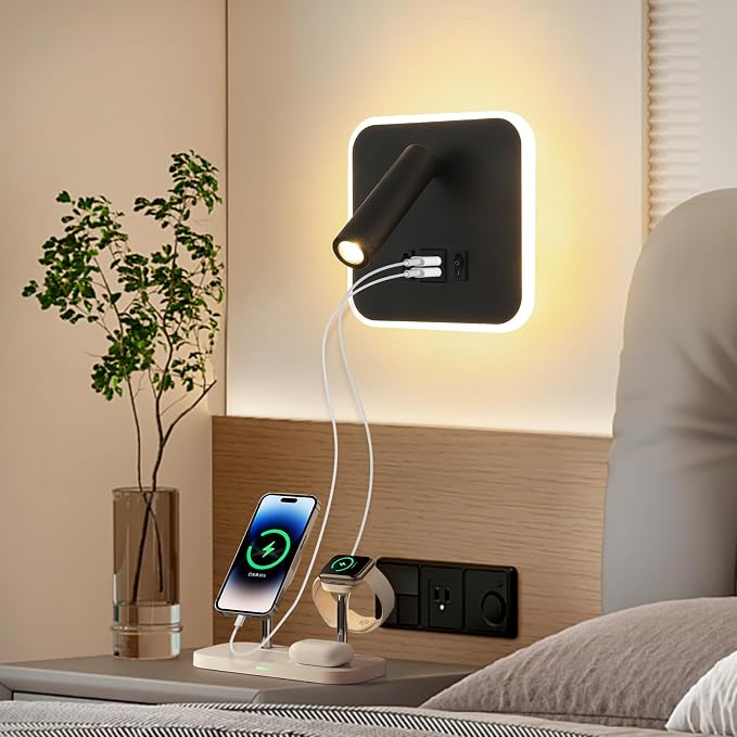 LED Wall Sconce Plug in With Wall Mounted Reading Lights,Modern Black Wall Lamp for Bedroom With Charging Station USB C+A Ports,Headboard Bedside Lamp for Living Room With 3W+9W Night Light