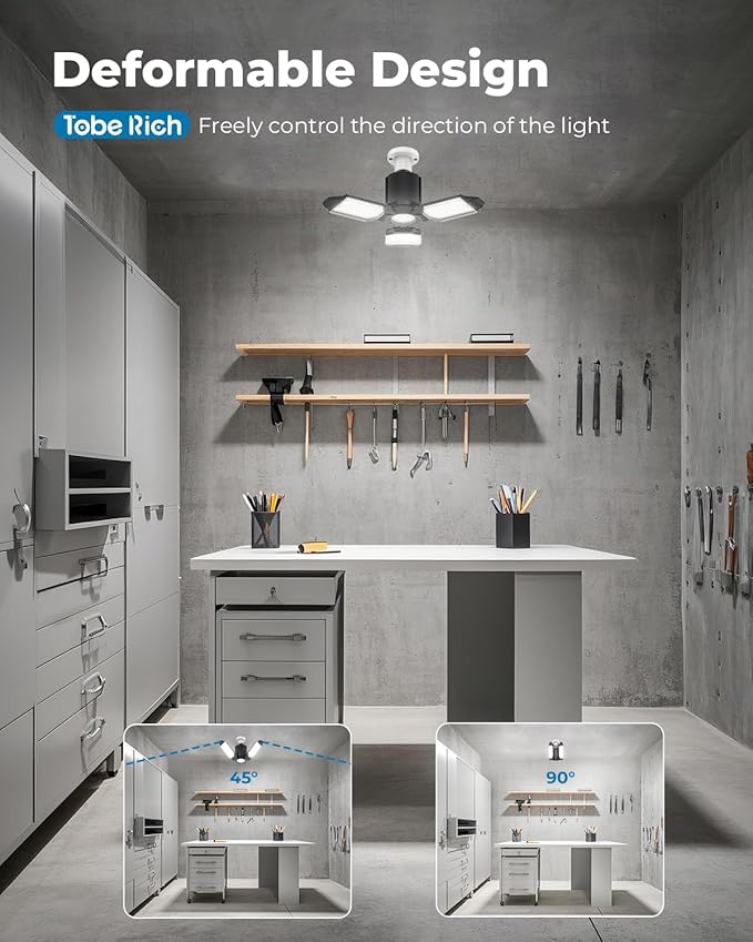 LED Garage Light Bulbs 2 Pack, 8000LM Shop Lights with 3+1 Deformable Panels, 6500K Screw in Ceiling Lights for Garage, Workshop, Workbench, Basement