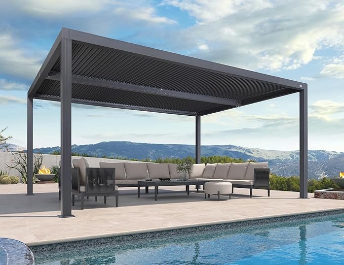 PURPLE LEAF Outdoor Pergola 94AS 12' x 16' Aluminum 53mph Wind Resist Gray | Integrated Rainproof Design, Two Adjustable Louvered Roofs, 53Mph Wind Resistant, All-Aluminum Rustproof Frame.