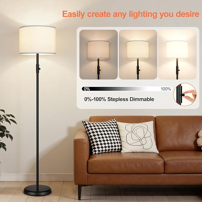 【Upgraded】 Dimmable Floor Lamp, Modern Floor Lamps Simple Design with White Shade for Living Room, Tall Standing Lamp for Bedroom Office Dining Room, Black Pole Lamp