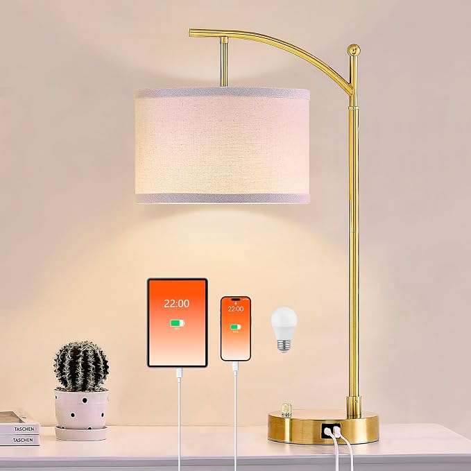 Table Lamp for Living Room Bedroom, 23.5" Table Lamp with USB C+A Ports, Bedside Lamp for Nightstand with Linen Lamp Shade, Dimmable LED Bulb Included, Gold