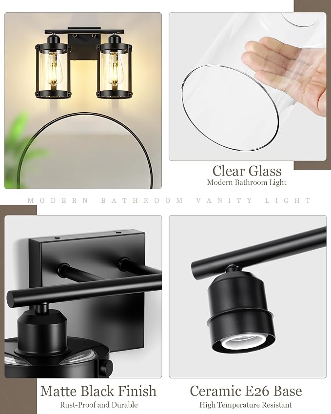2-Light Black Bathroom Light Fixtures, 13.8 Inch Modern Bathroom Vanity Lighting Fixtures Over Mirror with Clear Glass and Metal Cage Wall Sconce Lights for Bath, E26, OS-3014BK-2W