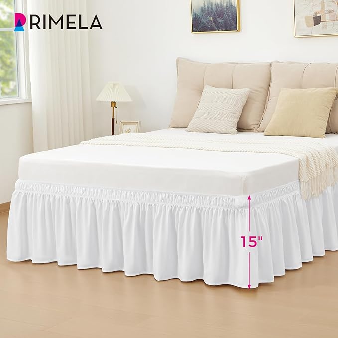 RIMELA Bed Skirt Queen Size Bright White 15 Inch Drop, Wrap Around Elastic Bedskirt, Dust Ruffle for Adjustable Bed Base Soft Durable Fabric Machine Washable Easy to Install Bed Skirts