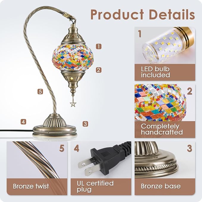 Yarra-Decor Turkish Moroccan Lamp with Bronze Base 3 Color Options Handmade Swan Neck Mosaic Glass Bedside Lamps for Bedroom (LED Bulb Included)(Colorful1)