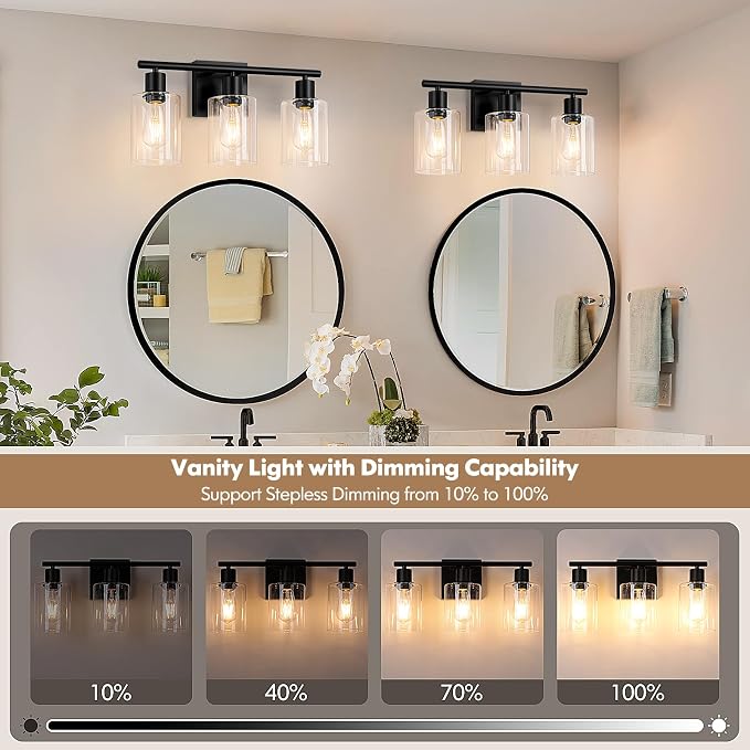 Battery Operated Wall Sconce, 3-Light Black Wireless Rechargeable Vanity Light Fixture with Remote & Bulbs, Dimmable Modern Indoor Non-Hardwired Wall Mounted Lamp for Bedroom, Living Room, Bathroom