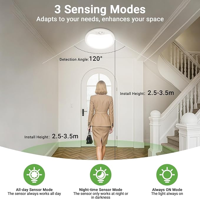 zemty 2Pack 12inch Motion Sensor Ceiling Lights Wired, 24W 2400lm 3CCT/3 Mode/30-120s Timer, Bright White LED Flush Mount Light Fixture Motion Activated for Closet Pantry Hallways Stairwells Garage