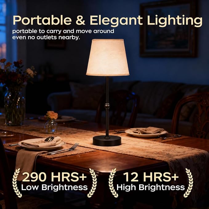 Cordless Table Lamp Rechargeable, 6000mAh Battery Operated LED Lamp with USB-C, Touch Control Stepless Dimmable Small Black Fabric Lamp for Kitchen Counter, Small Spaces, Bedroom, Living Room