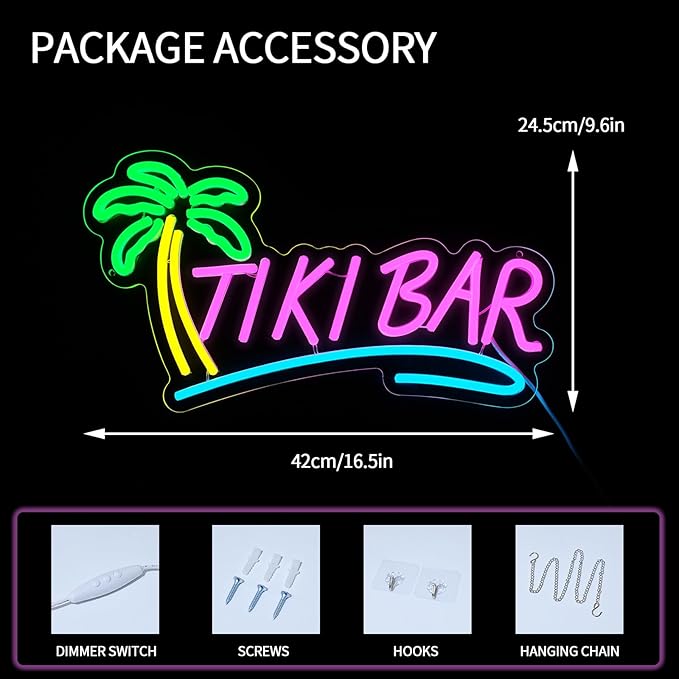 Tiki Bar Neon Sign for Wall Decor Dimmable Hawaiian Tiki Led Lights Signs Open Signs for Business Neon Light for Man Cave Club Pub Bistro Summer Party Restaurant Home Bar Gift