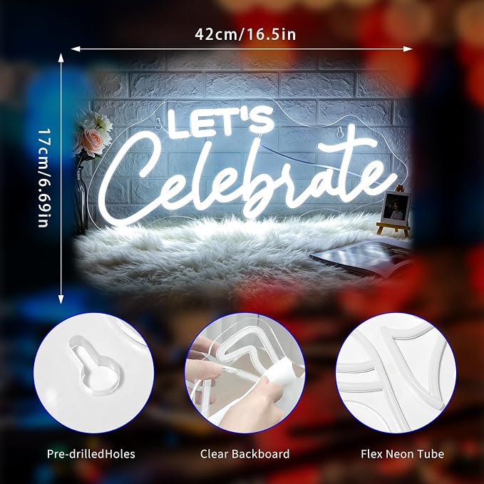 Neon Sign, Celebrate Neon Signs for Wall Decor LED Signs Neon Light | Let's Celebrate Neon Sign for Birthday, Party, Graduation, Wedding, Festival Backdrop Wall Decor, Home Decor, USB Powered