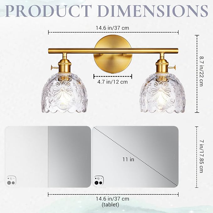 Hamilyeah 2-Light Bathroom Vanity Light Over Mirror, Brushed Gold Wall Sconce with Clear Floral Glass Shades, Modern Bathroom Light Fixture for Bedroom, Hallway, Kitchen