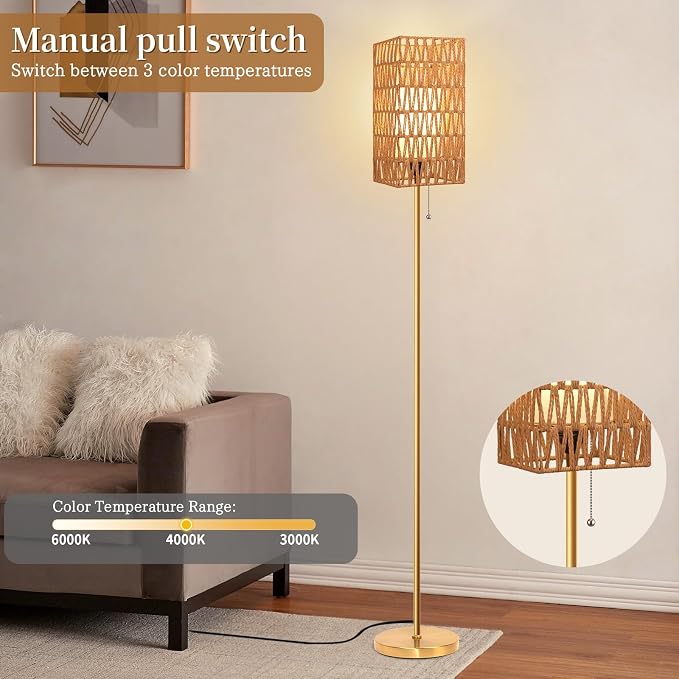 Ruiever Floor Lamp for Living Room,Farmhouse Floor lamp,Modern Standing lamp with Hand-Worked Rattan Shade (Square Rattan Shade Body Gold Color-3 Color Bulb)